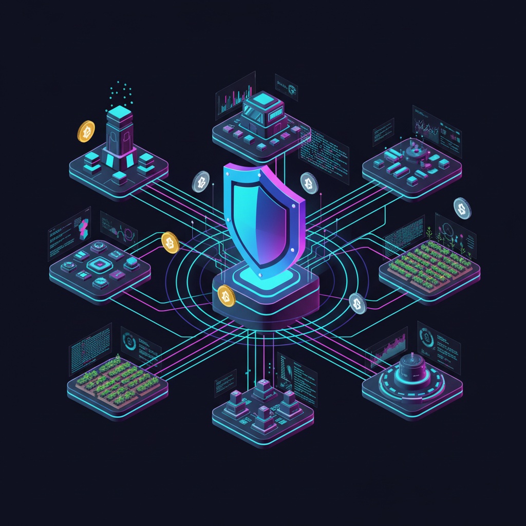 Conceptual image of a sheild above a blockchain network